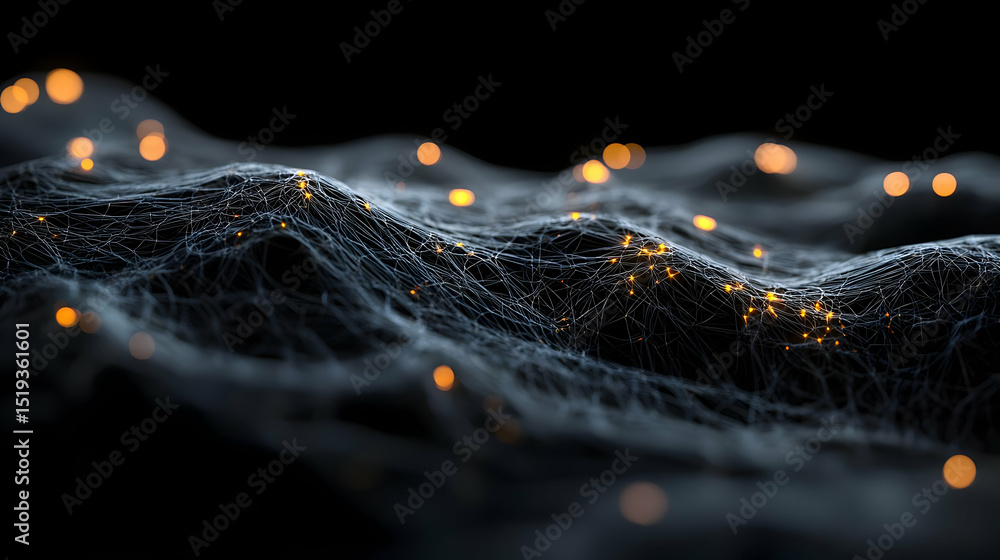 Poster abstract digital wave pattern with glowing orange particles