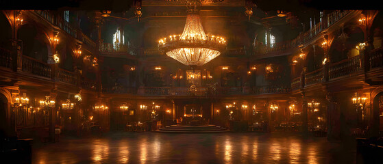 Opulent Halloween Masquerade Ball in a Grand Western Saloon Interior with Ornate Decor Chandeliers and Festive Atmosphere Capturing the Essence of a Historic