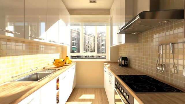 Compact galley kitchen in a city apartment with white gloss cabinets, tile backsplash, under-cabinet lighting and sunlight from narrow window