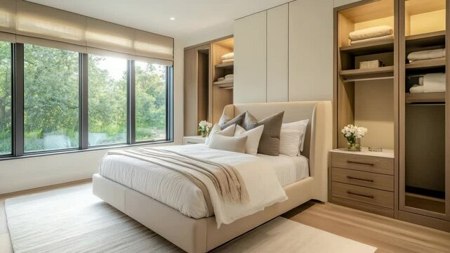 Contemporary bedroom with neutral tones, large windows, floating nightstands, built-in wardrobes, and diffused natural lighting