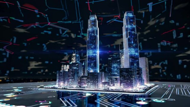 Futuristic cityscape with glowing skyscrapers on a circuit board, viewed from a low angle. Digital art style, suitable for a tech-themed video.