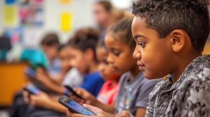 Multiracial Child Students Engaged in Smartphones in Classroom Setting for Education and Social Interaction.
