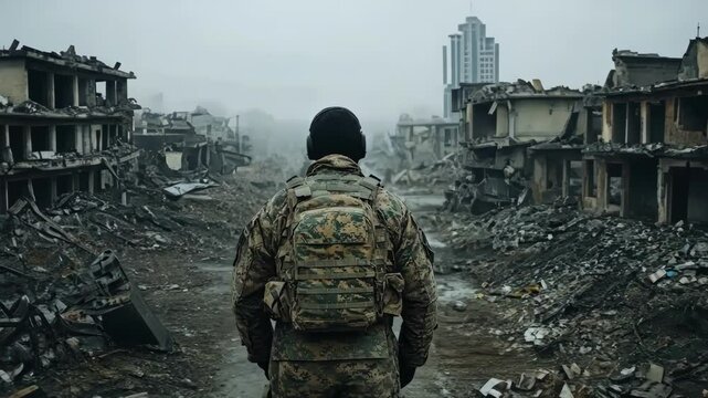 One soldier looks at destruction, rubble, and ruins after war in a city, concept. Apocalypse survivor in war zone with destruction and military backpack.