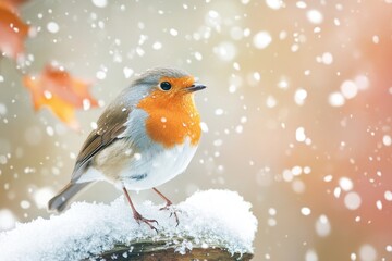 Sweet robin redbreast perched on a snow-covered branch amidst gently falling snowflakes in a winter wonderland