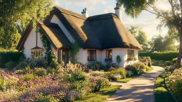 Cottage-style home with thatched roof, whitewashed walls, blooming flower beds, and morning light casting shadows on garden path