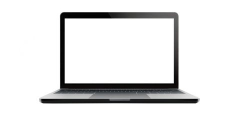 Front view of a modern gray laptop computer with a blank screen for mockup. Isolated on transparent background, png