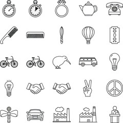 Vector set of outline icons representing diverse concepts and everyday objects