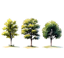 Minimal style tree painting hand drawn, tree watercolor silhouettes shadow illustration, set of graphics trees elements drawing for architecture and landscape design