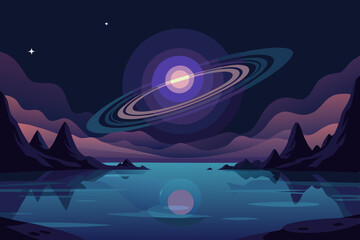 UFOs glide through the night sky above a serene alien ocean, with distant earth-like mountains under a crescent moon