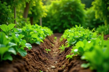 Neatly arranged vegetable patch with various plants in raised beds , backyard, beans
