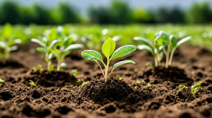 fresh tree seedlings growing on peat soil, close up, the growth of a fertile soil ecosystem with fresh green tree seedlings, keeping the earth growing