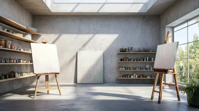 Creative studio with easel, canvas, paint shelves, concrete flooring, skylight overhead and large window casting clear natural light