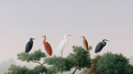 Obraz premium Diverse group of herons perched on tree branches against soft sky background. Watercolor style nature illustration for bird watching guide, wildlife conservation poster or ecology book
