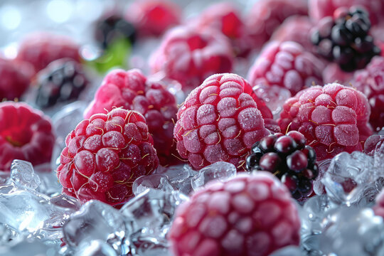 Frozen raspberries and blackberries surrounded by clear ice cubes on a cold reflective surface