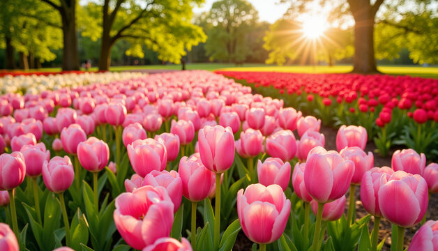 Pink tulips blooming in a field during sunset in spring  