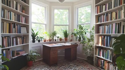 Eclectic home office with patterned rug, bookshelves, vintage desk, houseplants, and diffused daylight from corner windows - Powered by Adobe