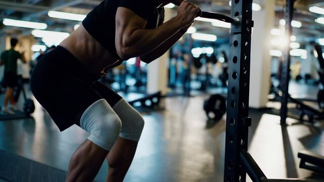 Bodybuilder performing t bar rows in modern gym