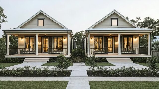 Duplex home with mirrored design, neutral facade colors, front porches, minimal landscaping and sharp daylight emphasizing symmetry