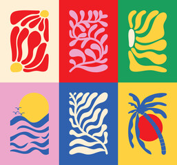 Abstract summer botanical doodle background art vector set. Hand drawn flower, leaves, sea wave, moon, bird. Design for print, wallpaper, clipart, wall art for home decoration.