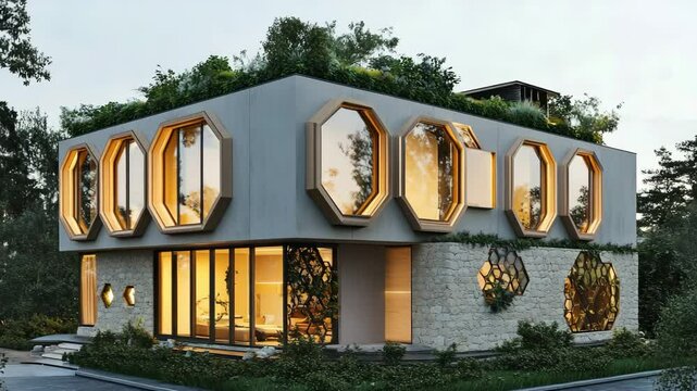Eco-futuristic home with hexagonal windows, light stone cladding, rooftop greenery and strong daylight on facade