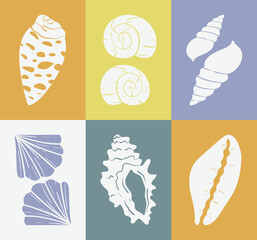 Abstract summer botanical doodle background art vector set. Hand drawn shell, scallop. Design for print, wallpaper, clipart, wall art for home decoration.