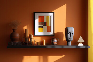 Shelf with Decorative Objects Vase Candles Art Pitcher Face Sculpture Pyramid