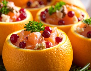 Łosoś w pomarańczach z żurawiną i orzechami