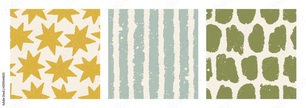 Leinwandbilder Seamless abstract patterns set. Endless backgrounds with stars, stripes, blobs. Repeating print, texture for fabric, textile, wallpaper, wrapping design. Printable repeatable flat vector illustrations
