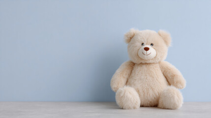 Obraz premium Cute beige teddy bear on white surface against light blue wall. Childhood toy, nursery decor. Baby shower gift, kids room decoration. Plush animal for comfort and play. Copy space.