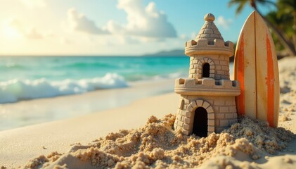 Sun-kissed sandcastle, weathered surfboard nearby, beach, relaxation, escape