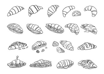Large set of croissants in doodle style. Breakfast. French cuisine. French culture. Food. Great for menu design. Hand drawn