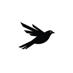 Stylized Black Bird in Flight Silhouette on White Background for Graphic Design