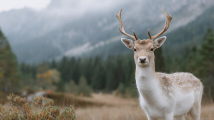 Majestic white fallow deer with antlers in mountain forest landscape. Wildlife photography concept. Nature conservation and animal protection awareness.