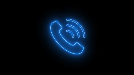 glowing blue neon phone icon with signal waves on black background, digital communication technology concept, modern telephone symbol, futuristic call sign illuminated contact illustration