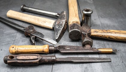 Collection Of Old Rusty Tools On Gray Surface