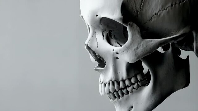 close up side view of human skull on the white background with copy space