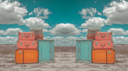vintage-themed art showcase | eccentric order | melancholic charm | sky blue and coral | centered tableau | old suitcases | textured uniformity | centered framing | adventure through wilderness |