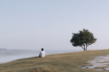 Fototapeta premium Man sitting alone on hillside overlooking misty landscape with solitary tree. Contemplative scene of solitude and nature. Minimalist composition for meditation concept and mental health awareness.