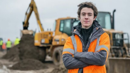 Ambitious Construction Worker: An optimistic construction worker stands proudly on a construction site, exuding confidence amidst heavy machinery, ready to start his duty in the project. 