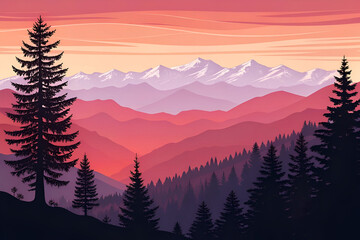 Sunset view over mountain and forest landscape. 