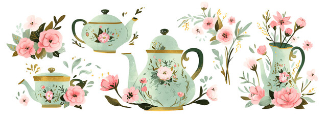 Floral watercolor illustration featuring various teapots and vases adorned with pink flowers and green leaves, showcasing a charming and elegant tea set design with botanical elements