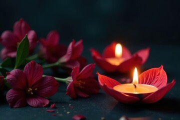 Black flower panorama, burning candles; dark backdrop, service, background, dark