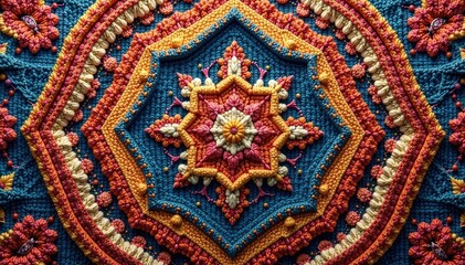 Woven tapestry, vibrant colors, intricate design, texture, fiber arts