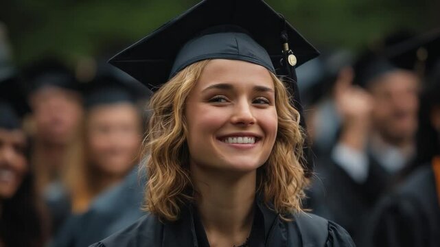   Graduation Glee: A radiant graduate, beaming with pride, stands amidst her peers. Capturing a moment of joy, and the culmination of years of study.