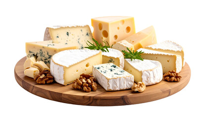 A Diverse Selection of Exquisite Cheeses and Walnuts on a Rustic Wooden Platter Isolated on solid white Background Png