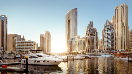 modern buildings of the dubai marina during sunset