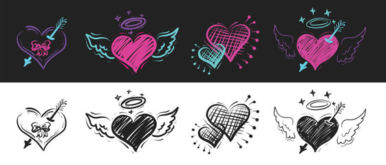 Hand Drawn Hearts Elements. Doodle Style Hearts Set Different drawings of hearts. Isolated on white and black background Isolated hearts illustrations Doodle vector design elements  for graphic design