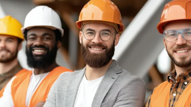 Construction Team Portrait: A diverse team of smiling construction workers and engineers, wearing hard hats and safety vests, stand proudly together, showcasing teamwork and professionalism.  - Powered by Adobe