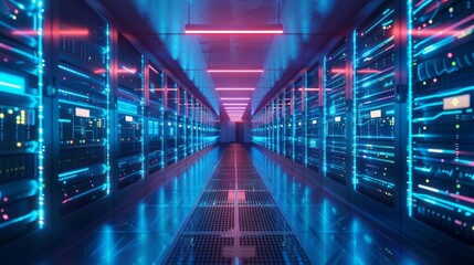 Obraz premium Futuristic Server Room Corridor Neon Lights Digital Technology Data Center Modern Infrastructure Powerful Network Technology Advanced Computing System Bright Blue Pink Illumination High Tech Servers 