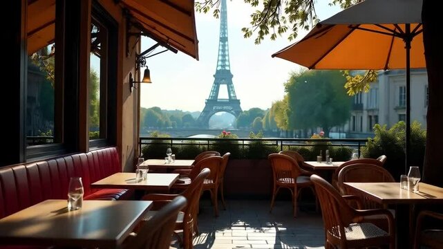 Sheltered little cafe in Paris with the Eiffel Tower in the background
